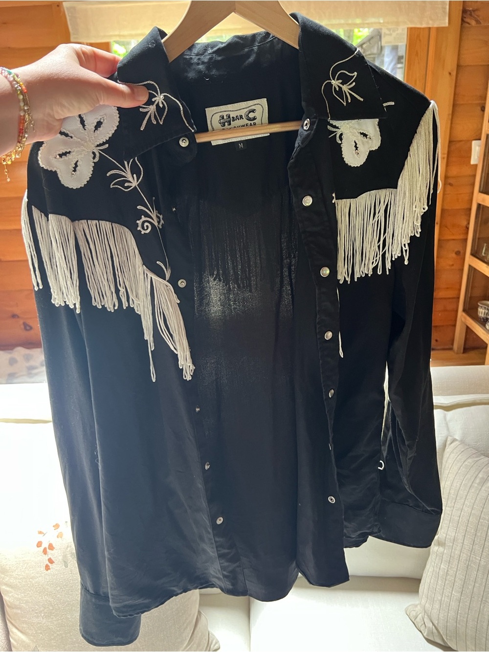 Black Western Fringe Button-Down Shirt with White Embroidery M
